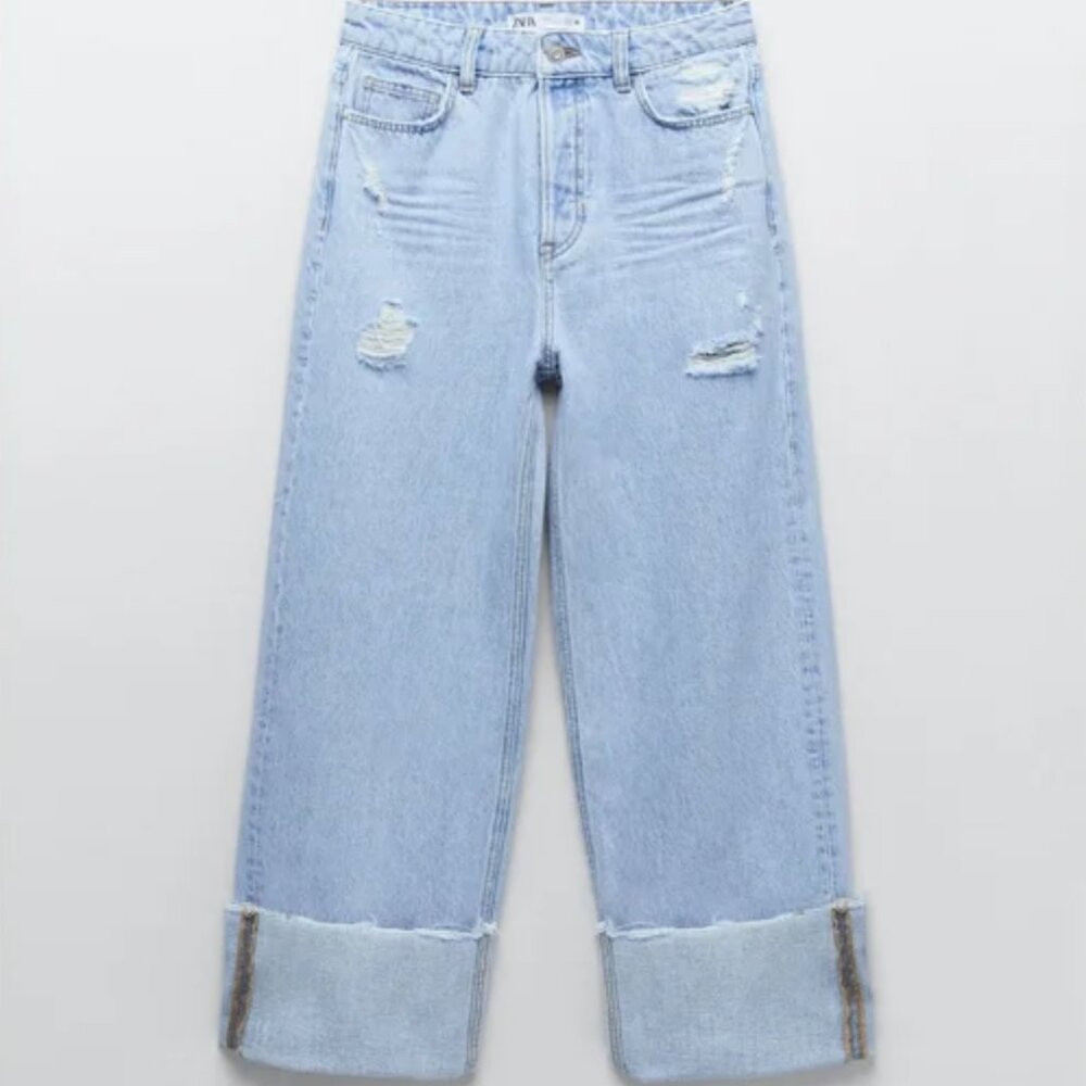 Zara Rolled Up Wide Leg Distressed Jeans